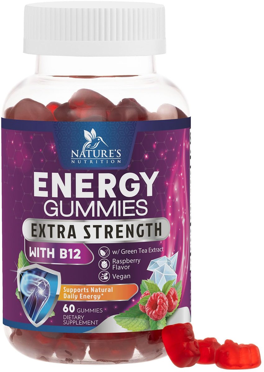 Energy Gummies - Vitamin B12 1000 mcg Per Serving - Daily Energy Chews with Natural Caffeine from Green Tea, Berry Flavored B12 Gummy Exercise Supplement for Running Cycling & Sports - 60 Gummies - görsel 1