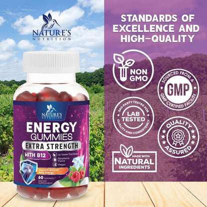 Energy Gummies - Vitamin B12 1000 mcg Per Serving - Daily Energy Chews with Natural Caffeine from Green Tea, Berry Flavored B12 Gummy Exercise Supplement for Running Cycling & Sports - 60 Gummies