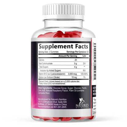 Vitamin B12 Gummies - 3000 mcg per Serving Extra Strength Energy B12 Gummy for Metabolism & Immune Support - Chewable Dietary B-12 Supplements, Natural Caffeine Free Gummy, Berry Flavor - 120 Gummies