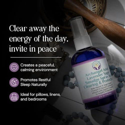 Lavender Sage Smudge Spray - Archangel Ariel Sage Mist, Energy Clearing and Protection, Smokeless, Reiki Charged Aromatherapy, Bed, Room and Pillow Spray Scent with Essential Oil & Quartz, 4 oz