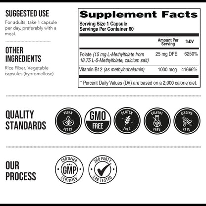 L Methyl Folate 15mg Plus Methyl B12 Cofactor – High Potency, Active 5-MTHF Form - Supports Mood, Methylation, Cognition – Bioactive Forms of Vitamin B9 & B12 (60 Capsules – 60 Servings)