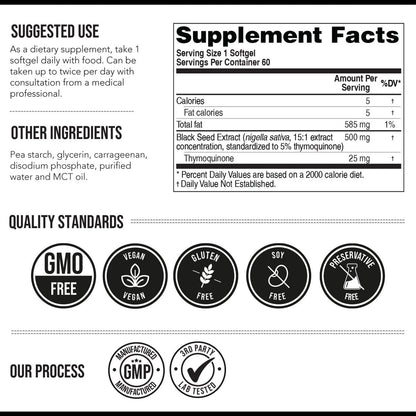 Black Seed Oil Softgels | 5% Thymoquinone - TQ-Advanced® | High Potency - 500 mg per Capsule - 15:1 Concentrate from Nigella Sativa Extract, Raw Form, Vegan Formula, Glass Bottle (60 Softgels)