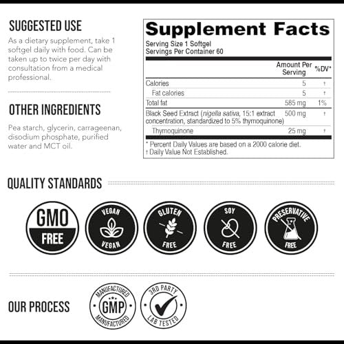Black Seed Oil Softgels | 5% Thymoquinone - TQ-Advanced® | High Potency - 500 mg per Capsule - 15:1 Concentrate from Nigella Sativa Extract, Raw Form, Vegan Formula, Glass Bottle (60 Softgels) - görsel 8