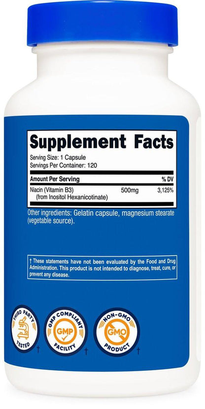Nutricost Niacin (Flush-Free) Inositol Hexanicotinate 500mg, 120 Capsules, Vitamin B3