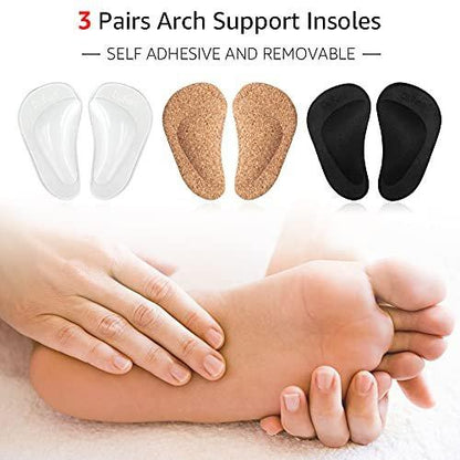 Dr. Foot's Arch Support Shoe Insoles for Flat Feet, Gel Arch Inserts for Plantar Fasciitis, Adhesive Arch Pad for Relieve Pressure and Feet Pain- 3 Pairs (Cork+Transparent+Black)