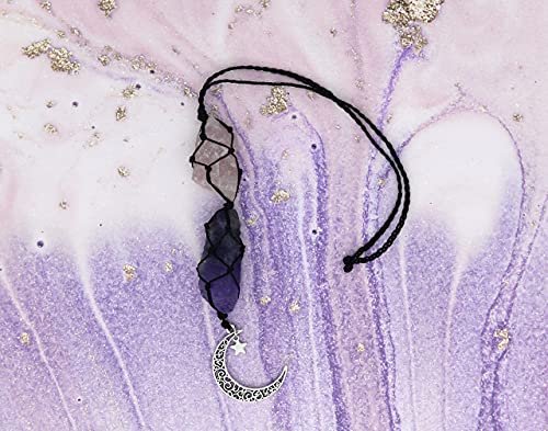 BOHO GARDEN Crystal Hanging Car Charm - Purple Rear View Mirror Hanging Car Accessories for Women, Moon Decor Hanging Ornament, Witchy Gifts and Healing Stones - Rose Quartz & Amethyst - görsel 7