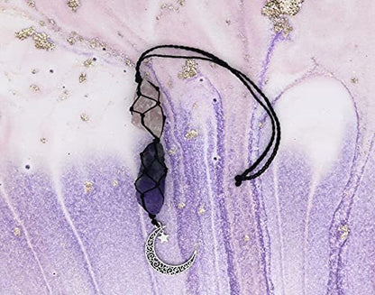 BOHO GARDEN Crystal Hanging Car Charm - Purple Rear View Mirror Hanging Car Accessories for Women, Moon Decor Hanging Ornament, Witchy Gifts and Healing Stones - Rose Quartz & Amethyst