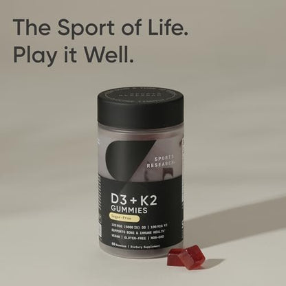 Sports Research® Vegan Vitamin D3 + K2 Sugar-Free Gummies - 125mcg (5000iu) Vitamin D w/ 100mcg Mk7 Vitamin K - Supports Bone & Immune Health* - Vegan Certified · Non-GMO · Soy Free - 60 Count