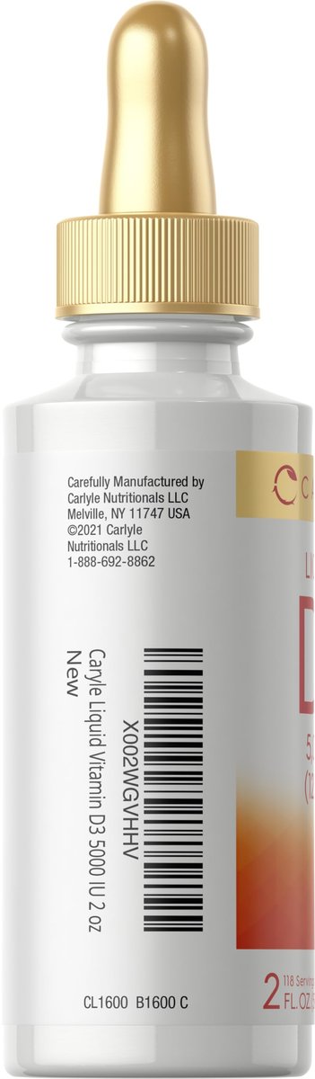 Carlyle Liquid Vitamin D3 | 5000 IU (125 mcg) | 2 oz | Vegetarian, Non-GMO, and Gluten Free Supplement | Vitamin D Liquid Drops for Adults