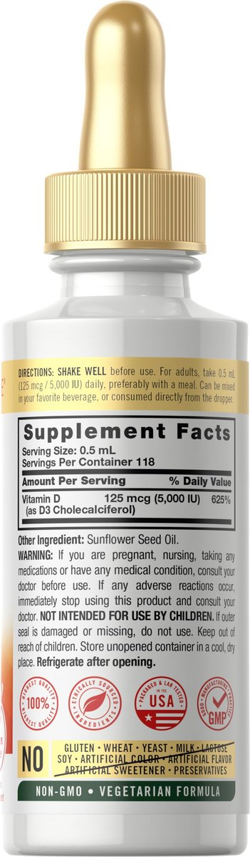 Carlyle Liquid Vitamin D3 | 5000 IU (125 mcg) | 2 oz | Vegetarian, Non-GMO, and Gluten Free Supplement | Vitamin D Liquid Drops for Adults