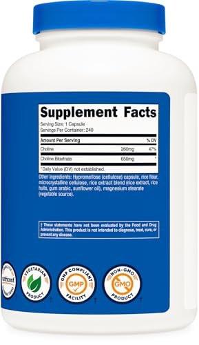 Nutricost Choline Bitartrate 650mg, 240 Vegetarian Capsules - Non-GMO, Vegetarian Friendly, Gluten Free