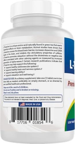 Best Naturals L-Theanine 200mg per Tablet (400mg per 2 Tablets) - Promotes Relaxation Without Drowsiness - 120 Vegetarian Tablets - (120 Count (Pack of 1)) - görsel 1