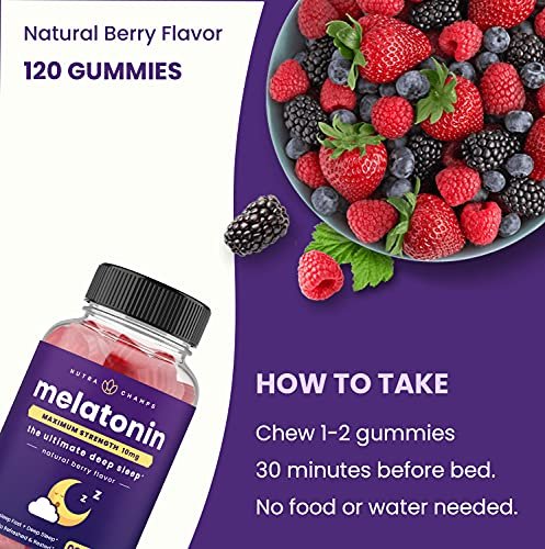 NutraChamps Pack of 2 Melatonin Gummies for Adults, Extra Strength Sleep Aid Vitamins, 5mg or 10mg Dose, Vegan Natural Strawberry Flavor Supplement for Better Sleep, 120 Gummies - görsel 6
