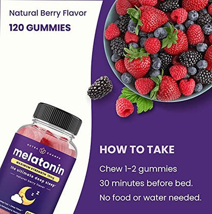 NutraChamps Pack of 2 Melatonin Gummies for Adults, Extra Strength Sleep Aid Vitamins, 5mg or 10mg Dose, Vegan Natural Strawberry Flavor Supplement for Better Sleep, 120 Gummies
