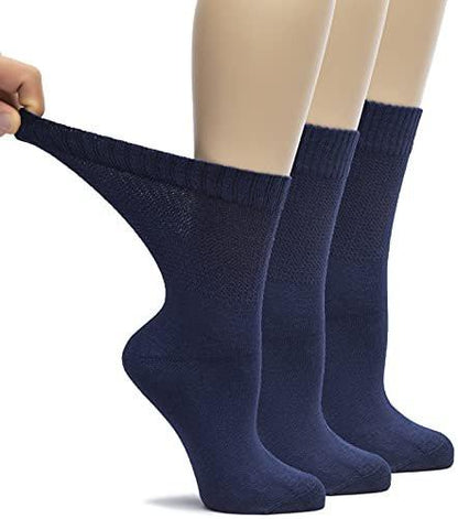 Hugh Ugoli Women's Rayon Loose Fit Diabetic Crew Socks, Seamless Toe & Non-Binding Top for Swollen Feet, Soft, Extra Wide and Stretchy, 3 Pairs, Navy Blue, Shoe Size: 6-9