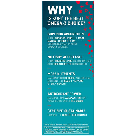 Kori Krill Oil Omega 3 Superior Absorption Oil Supplement, EPA & DHA, 600 mg, 60 Softgels