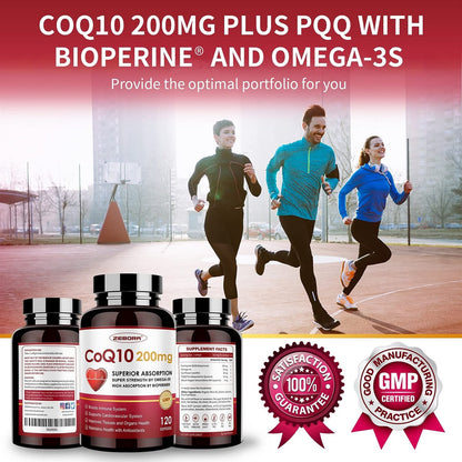 ZEBORA CoQ10-200mg-Softgels with PQQ, BioPerine & Omega-3, 120 Servings Coenzyme Q10(Ubiquinone) Supplement for High-Absorption, Powerful-Antioxidant, Support Heart & Energy-Production