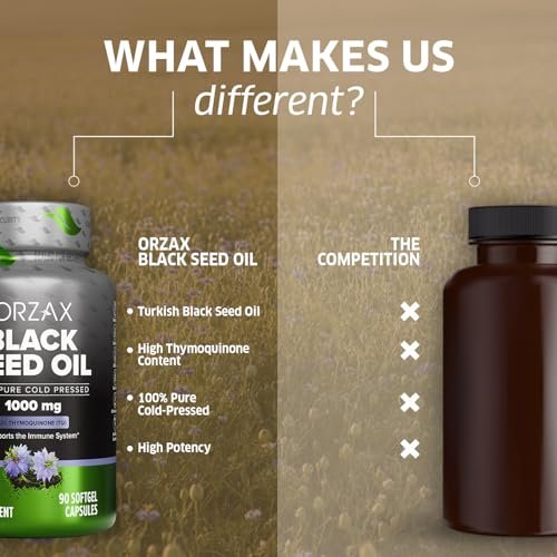 ORZAX Black Seed Oil Cold Pressed 100% Pure | Non-GMO - Rich in Omega 3 6 9 & Thymoquinone | Black Cumin Nigella Sativa Oil for Immune Support, Hair, Skin, Face (1000 mg - 90 Softgel Capsules) - görsel 5