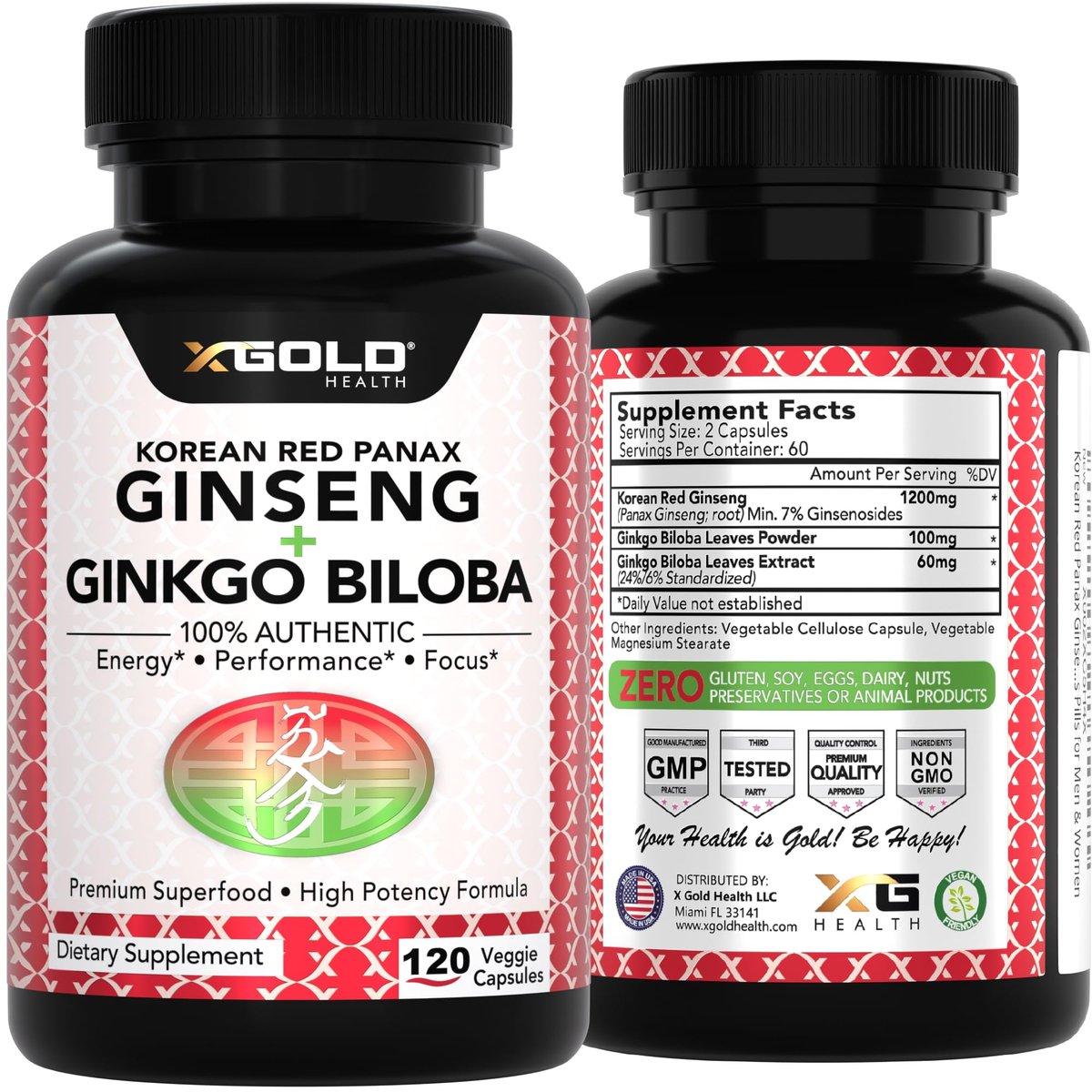 X Gold Health Korean Red Panax Ginseng + Ginkgo Biloba 7% Ginsenosides Extra Strength Energy, Memory, Focus & Brain Support Premium Supplement for Men & Women Non-GMO, 120 Vegan Capsules - görsel 14