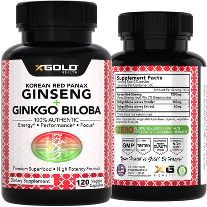 X Gold Health Korean Red Panax Ginseng + Ginkgo Biloba 7% Ginsenosides Extra Strength Energy, Memory, Focus & Brain Support Premium Supplement for Men & Women Non-GMO, 120 Vegan Capsules