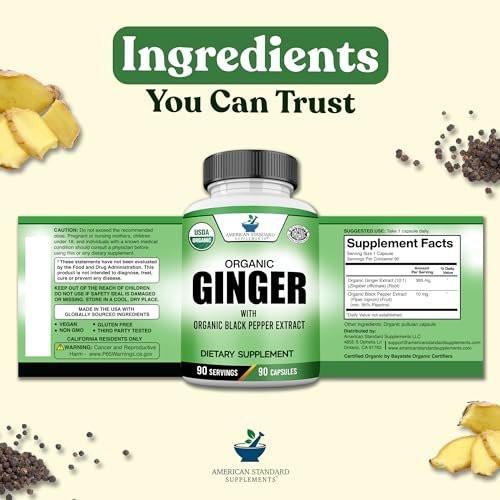 American Standard Supplements Organic Ginger Extract with Organic Black Pepper Extract, Vegan, Gluten Free, Non-GMO, 90 Capsules, 90 Servings - görsel 2
