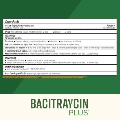 Bacitraycin Plus First Aid Antibiotic Ointment, Wound Healing Ointment for Minor Cuts, Scrapes and Burns, with Bacitracin Zinc and Moisturizing Aloe Vera, Original, 1 oz, 2 Pack