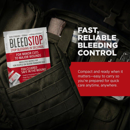 BleedStop™ First Aid Powder for Blood Clotting, Trauma Kit, Blood Thinner Patients, Camping Safety, and Survival Equipment for Moderate to Severe Bleeding Wounds or Nosebleeds 5 Pack 15g