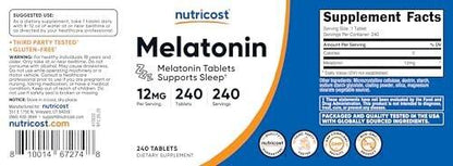 Nutricost Melatonin 12mg, 240 Tablets - 12mg Per Serving, Non-GMO, Gluten Free
