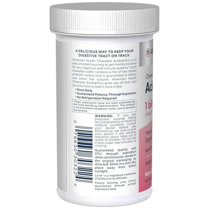 American Health Daily Chewable Tablet Acidophilus, 1 Billion Live Cultures, Beneficial Bacteria for The Digestive & Immune Systems, Strawberry, 60 Count