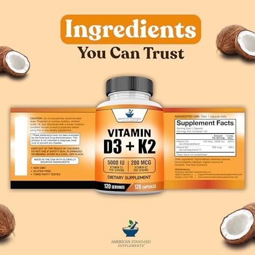American Standard Supplements Vitamin D3 5000 IU (125mcg) Plus Vitamin K2 (MK7) 200mcg Per Capsule - Gluten Free, Non-GMO, 120 Capsules, 120 Servings, 120 Day Supply - görsel 7