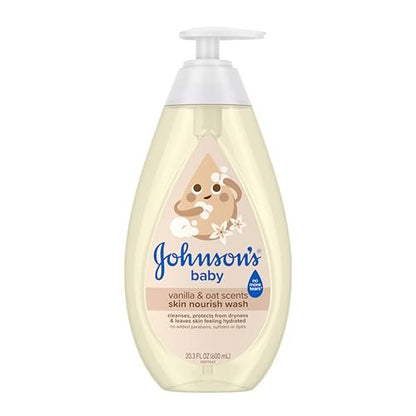 Johnson's Skin Nourishing Moisture Baby Wash, Vanilla & Oat Scents, Tear-Free, Hypoallergenic Baby Body Wash Cleanses, Protects from Dryness, & Leaves Skin Feeling Hydrated, 20.3 fl. oz