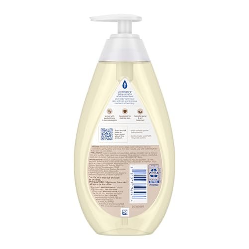 Johnson's Skin Nourishing Moisture Baby Wash, Vanilla & Oat Scents, Tear-Free, Hypoallergenic Baby Body Wash Cleanses, Protects from Dryness, & Leaves Skin Feeling Hydrated, 20.3 fl. oz