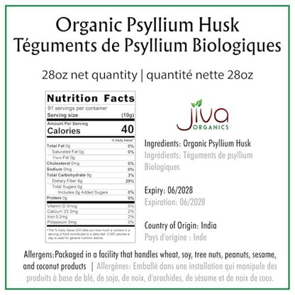 Jiva Organics Whole Psyllium Husk (Isabgol) 1.75 LB (28 Oz) Jumbo Bag - Non-GMO, Unflavored - Keto Friendly, Soluble Fiber