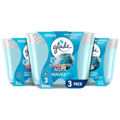 Glade Candle Aqua Waves, Fragrance Candle Infused with Essential Oils, Air Freshener Candle, 3-Wick Candle, 6.8 Oz, 3 Count