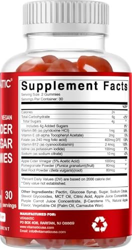 Vitamatic Apple Cider Vinegar Gummies - 1000mg per Serving - 60 Vegan Gummies - ACV Gummies for Detox, Weight Loss Support, Energy Boost, Digestion & Gut Health