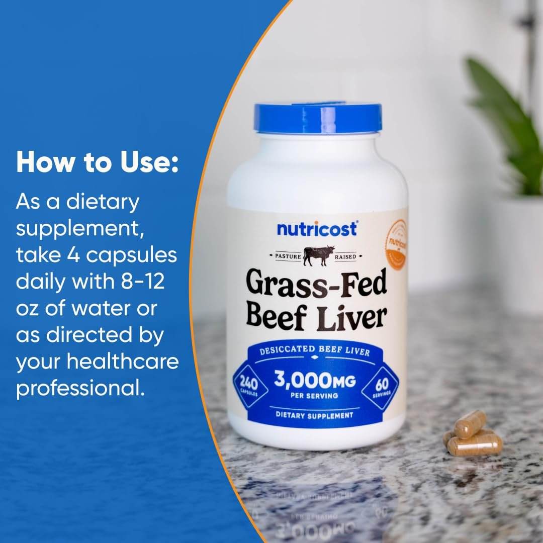 Nutricost Grass Fed Desiccated Beef Liver Capsules 3000mg Per Serv (750mg Per Cap), 240 Cap for 60 Servings - No Hormones, GMO and Gluten Free, Pasture-Raised, Free Range Beef - görsel 3