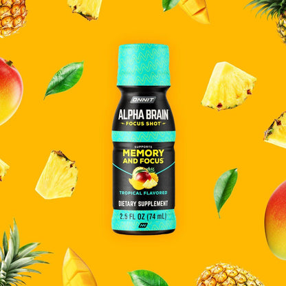 ONNIT Alpha Brain Focus Shot, Tropical Flavor, Nootropic Dietary Supplement Drink that Supports Energy, Focus, and Mood, IGEN™ Non-GMO Tested, 2.5 fl oz, 6 Count