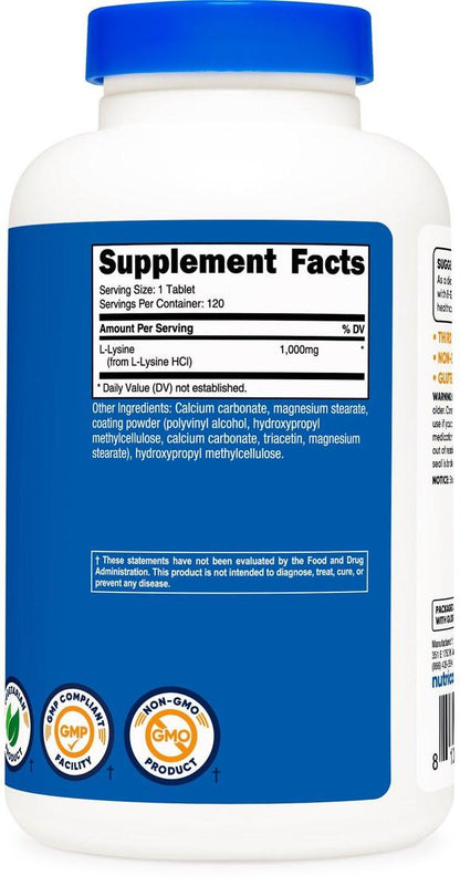 Nutricost L-Lysine 1000mg, 120 Tablets - Gluten Free, Non-GMO, and Vegetarian Friendly