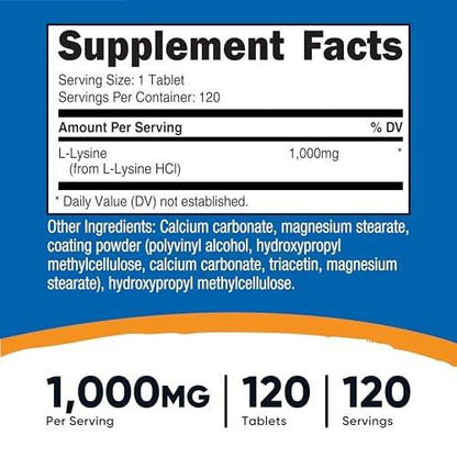Nutricost L-Lysine 1000mg, 120 Tablets - Gluten Free, Non-GMO, and Vegetarian Friendly