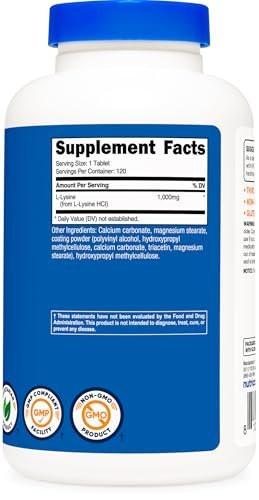Nutricost L-Lysine 1000mg, 120 Tablets - Gluten Free, Non-GMO, and Vegetarian Friendly