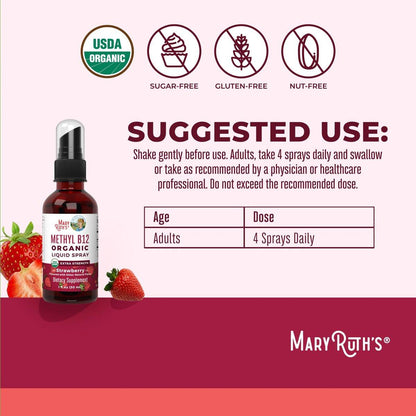 MARYRUTH'S Vitamin B12 Liquid Spray | Vegan, Non-GMO, Gluten-Free | USDA Organic Supplement | Energy & Nervous System Support | B12 Vitamins for Women & Men | 720 mcg | 1 Fl Oz