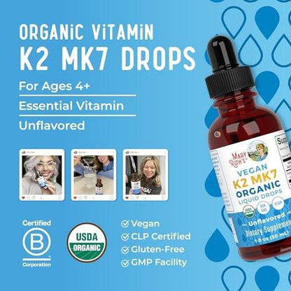 MaryRuth’s USDA Organic Vitamin K2 MK7 Liquid Drops for Adults & Kids | Sourced from Natto | Menaquinone-7 | Vegan K2 Vitamin for Bone Health & Calcium Absorption | 1oz | Up to 90 Servings
