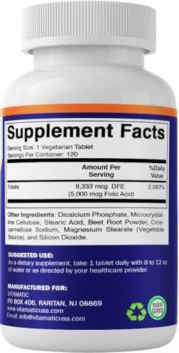 Vitamatic Folic Acid 5mg (5000 mcg) – 120 Vegetarian Tablets per Bottle | Pack of 2 (Total 240 Tablets) Vitamin B9 (Folate) | Supports Heart Health, Brain Function, and Prenatal Wellness