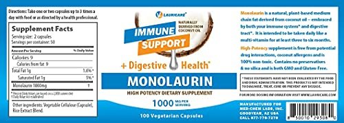 Lauricare Monolaurin Supplement for Immune Support - Gut Health - 1000mg Per Serving- 100 Count - görsel 2