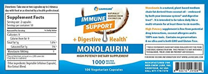 Lauricare Monolaurin Supplement for Immune Support - Gut Health - 1000mg Per Serving- 100 Count