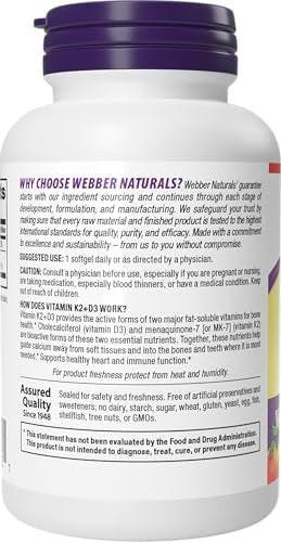 Webber Naturals Super Vitamin K2 (MK-7) 120 mcg with Vitamin D 1,000 IU, 90 Softgels, Supports Bones, Teeth, and Cardiovascular System, Vitamin D3 K2 - görsel 2