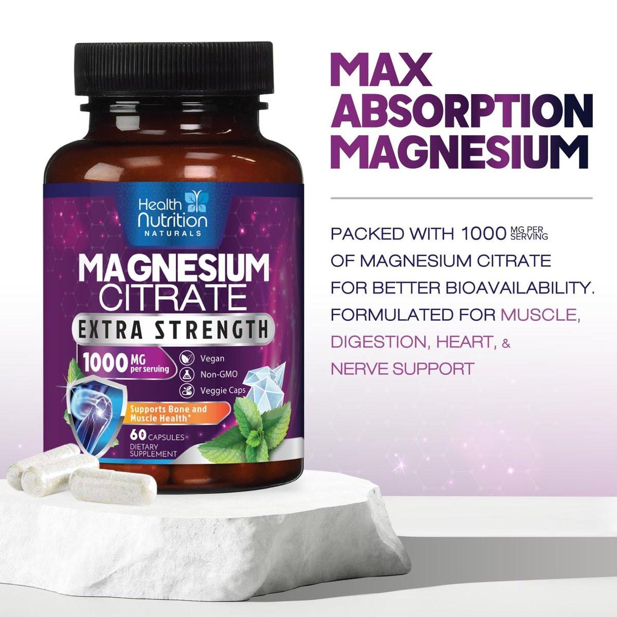 Magnesium Citrate 1000mg Per Serving - Max Absorption Magnesium Powder Capsules for Muscle, Nerve, Bone and Heart Health Support, High Absorption Citrate Complex, Gluten Free, Non-GMO - 60 Capsules - görsel 11