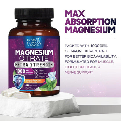 Magnesium Citrate 1000mg Per Serving - Max Absorption Magnesium Powder Capsules for Muscle, Nerve, Bone and Heart Health Support, High Absorption Citrate Complex, Gluten Free, Non-GMO - 60 Capsules