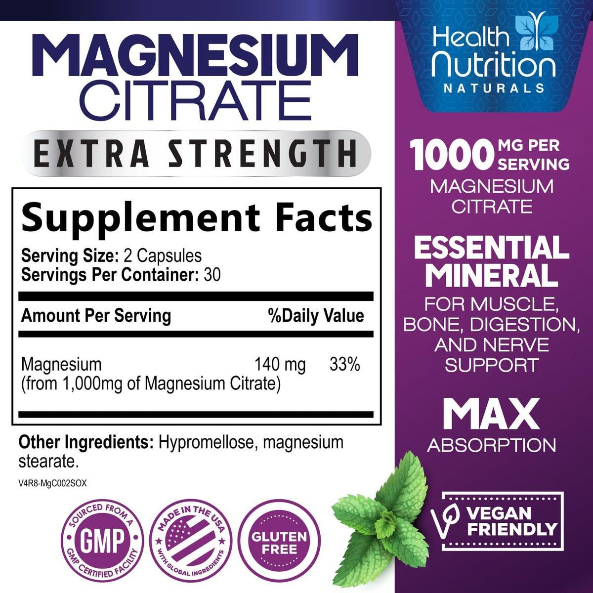 Magnesium Citrate 1000mg Per Serving - Max Absorption Magnesium Powder Capsules for Muscle, Nerve, Bone and Heart Health Support, High Absorption Citrate Complex, Gluten Free, Non-GMO - 60 Capsules - görsel 3