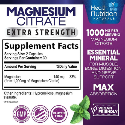 Magnesium Citrate 1000mg Per Serving - Max Absorption Magnesium Powder Capsules for Muscle, Nerve, Bone and Heart Health Support, High Absorption Citrate Complex, Gluten Free, Non-GMO - 60 Capsules